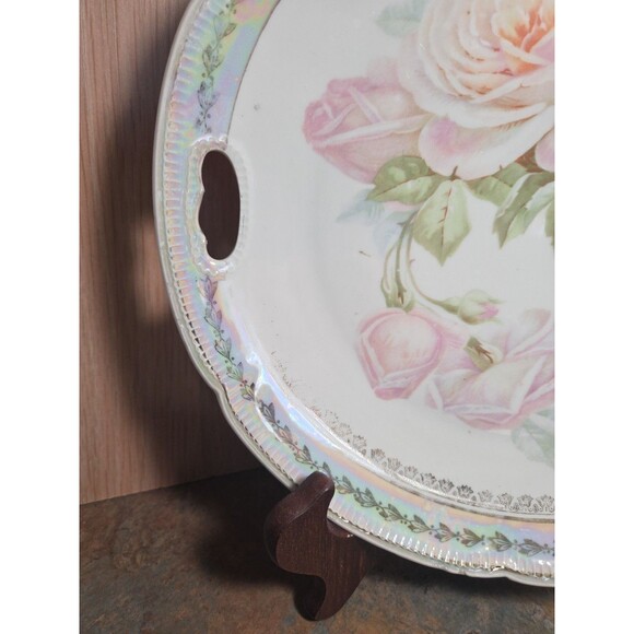 Antique Cabbage Rose on Green Luster Molded Double Handle German Porcelain Plate - Picture 10 of 11